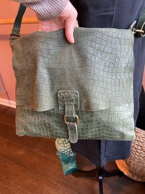 Green Textured Leather Crossbody Bag